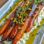 Plate of roasted carrots with whipped ricotta and hot honey drizzle