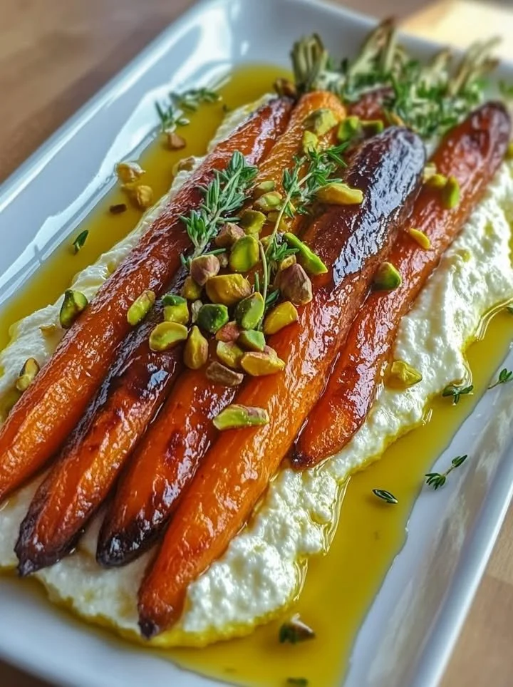 Plate of roasted carrots with whipped ricotta and hot honey drizzle