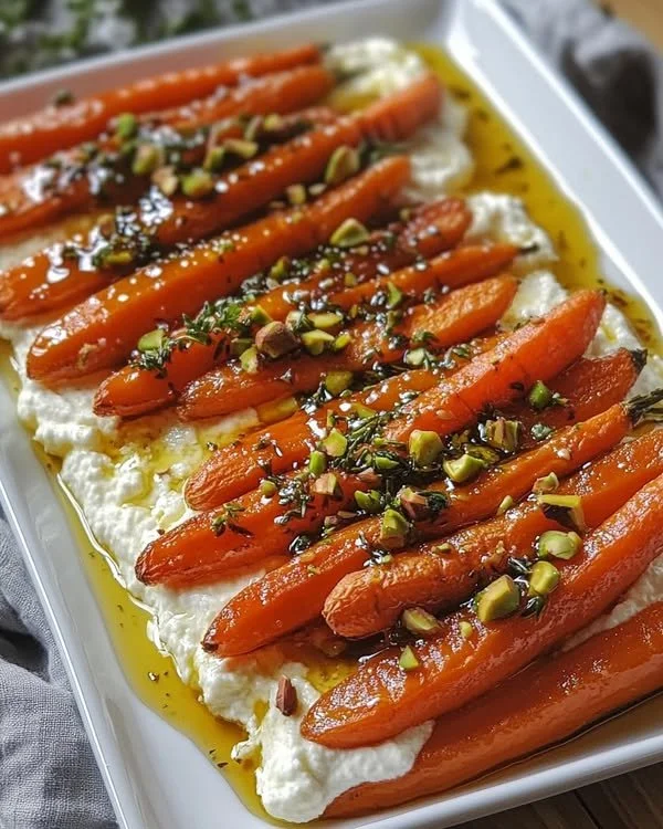 Plate of roasted carrots with whipped ricotta and hot honey drizzle