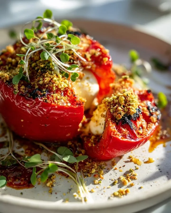 Deliciously stuffed Roasted Pepper Burrata Bombs with Pistachio-Chili Crumble