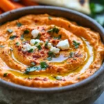 Creamy roasted red pepper feta dip served in a bowl with pita chips