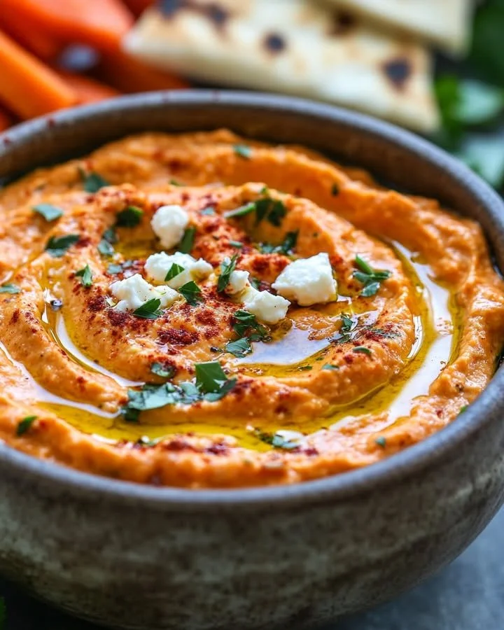 Creamy roasted red pepper feta dip served in a bowl with pita chips