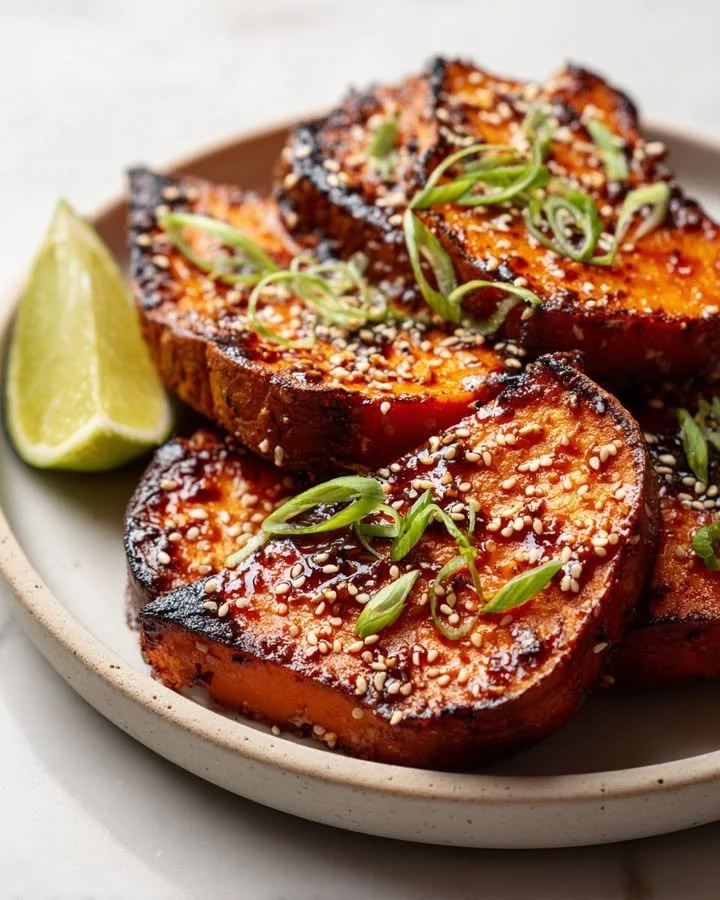 Roasted sweet potato steaks drizzled with gochujang-maple glaze on a plate.