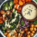 Roasted veggie and chickpea bowl with maple dijon tahini dressing