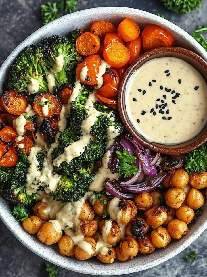 Roasted veggie and chickpea bowl with maple dijon tahini dressing