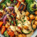 Colorful roasted veggie chickpea bowls topped with maple Dijon tahini dressing