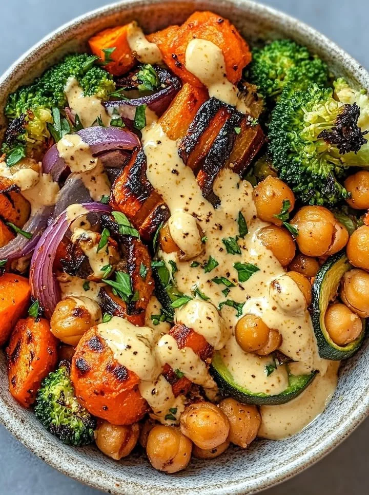Colorful roasted veggie chickpea bowls topped with maple Dijon tahini dressing