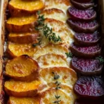 Root Vegetable Gratin topped with cheese, featuring sweet potatoes, parsnips, and beets.