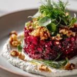 Ruby Beetroot Tartare topped with whipped goat cheese and walnut-dill crunch