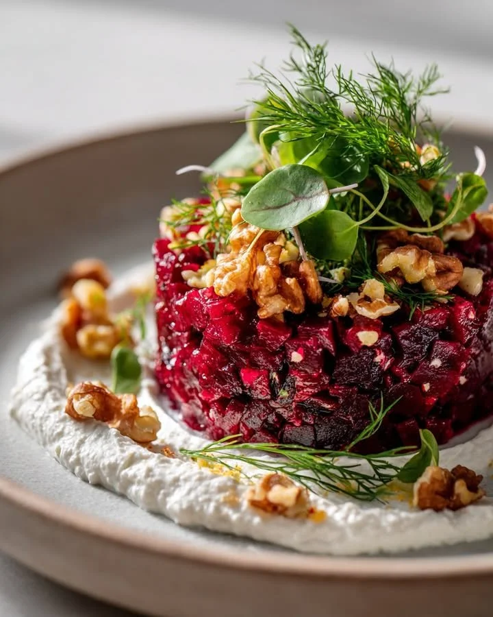 Ruby Beetroot Tartare topped with whipped goat cheese and walnut-dill crunch