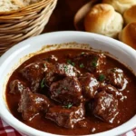 Bowl of rustic beef stew with vegetables and herbs