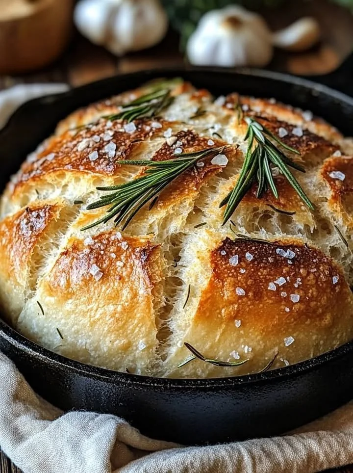Rustic garlic rosemary skillet bread, fresh from the oven, golden and fluffy.