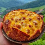 Freshly baked Sausage and Cheese Bread with a golden crust.