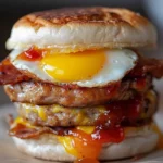 Sausage egg and cheese sandwich with grape jelly topping