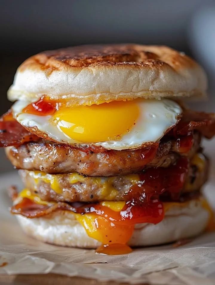 Sausage egg and cheese sandwich with grape jelly topping