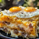Sausage, Egg, and Cream Cheese Hashbrown Casserole ready to serve