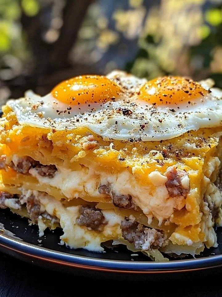 Sausage, Egg, and Cream Cheese Hashbrown Casserole ready to serve