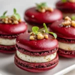 Savory beet macarons with whipped goat cheese and walnut crunch on a plate.