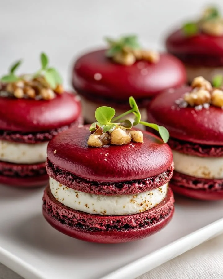 Savory beet macarons with whipped goat cheese and walnut crunch on a plate.