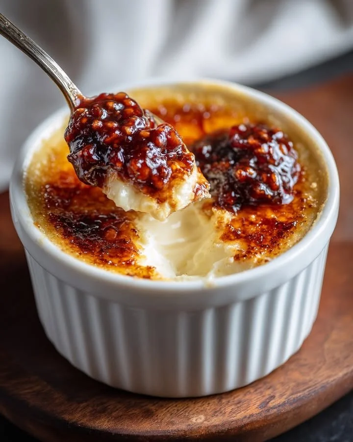Savory crème brûlée with goat cheese and fig chili jam served in a ramekin.