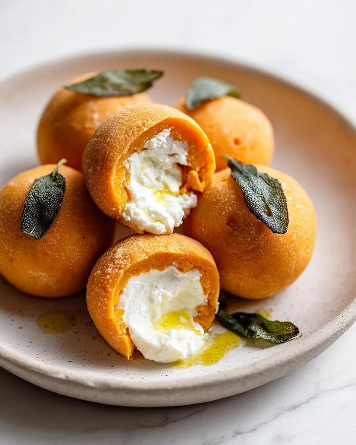 Savory mochi surprise with goat cheese and sage filling.