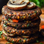 Savory mushroom lentil burgers served with fresh toppings on a plate.