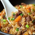 Savory onion beef fried rice dish garnished with green onions.