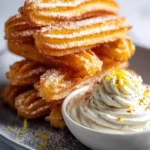 Savory Parmesan churros served with whipped burrata dip on a wooden plate.
