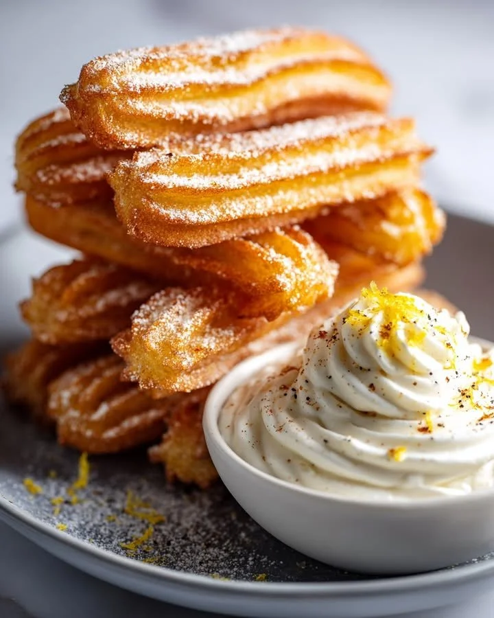 Savory Parmesan churros served with whipped burrata dip on a wooden plate.