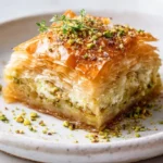 Savory Pistachio-Parmesan Baklava with creamy whipped ricotta topping.