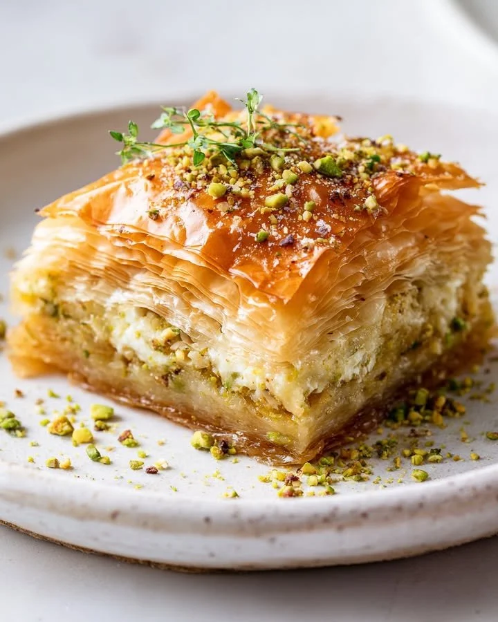 Savory Pistachio-Parmesan Baklava with creamy whipped ricotta topping.