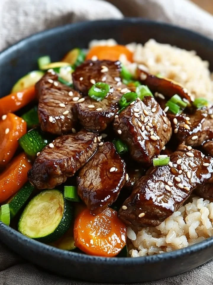 Savory steak and veggie stir-fry served in a bowl with colorful ingredients
