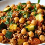 Savory turkey skillet with zucchini and chickpeas in a cast-iron pan