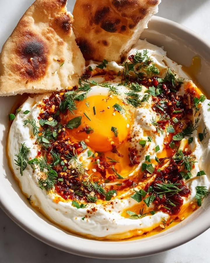 Savory yogurt bowl with jammy egg and chili crisp toppings
