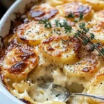 Baked scalloped potatoes topped with Gruyere and cheddar cheese