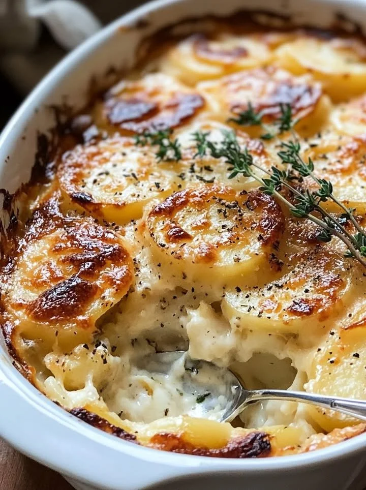 Baked scalloped potatoes topped with Gruyere and cheddar cheese