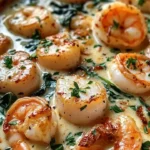 Scallops and shrimp in creamy sun-dried tomato sauce on a plate