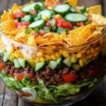Colorful Seven-Layer Taco Salad Fiesta Bowl ready to serve.