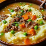 Bowl of delicious Shepherd's Pie Soup with beef and vegetables
