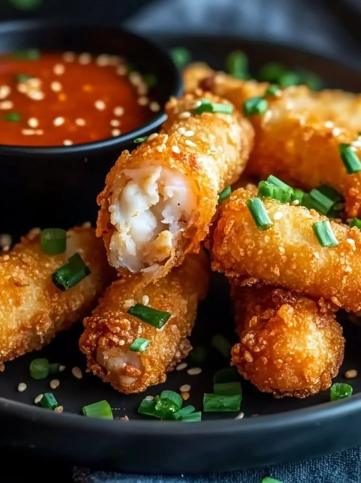 Shrimp and crab rangoon egg rolls served with a dipping sauce.