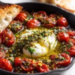 Skillet-baked burrata with blistered tomatoes and pistachio pesto oil.