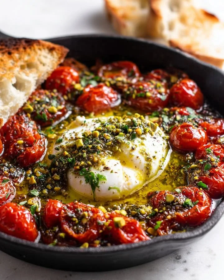 Skillet-baked burrata with blistered tomatoes and pistachio pesto oil.