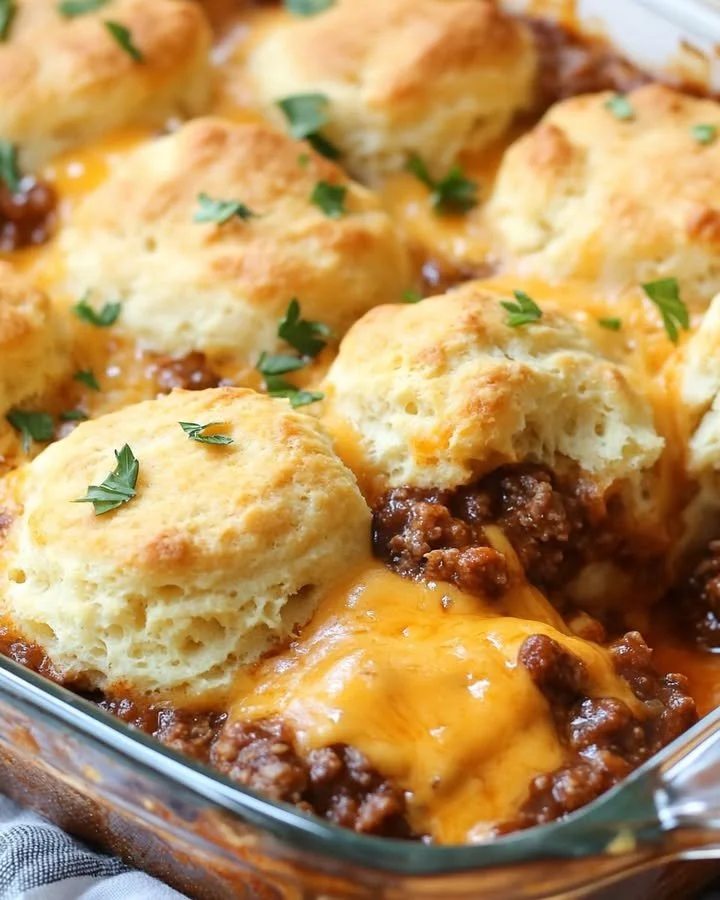 Delicious Sloppy Joe Biscuit Casserole in a baking dish with melted cheese