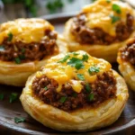 Sloppy Joe Puff Pastry Nests served on a plate with seasoning garnish