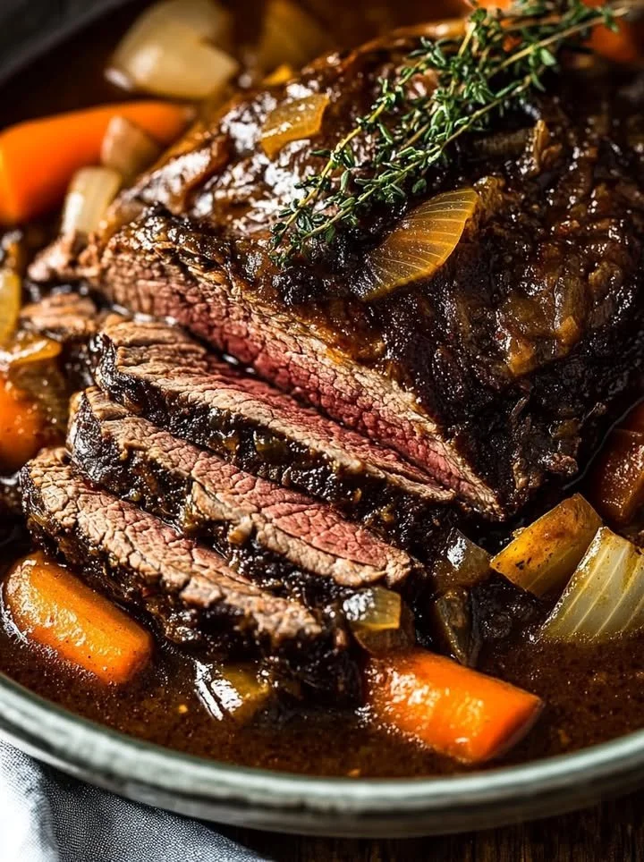 Slow-cooked pot roast with vegetables in a rustic serving dish