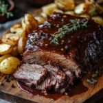 Slow cooker beef brisket drenched in BBQ sauce ready to serve