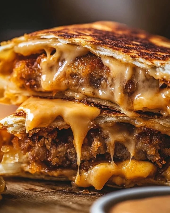 Smash Burger Quesadilla with juicy beef and melted cheese in a crispy cheese crust