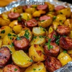 Delicious smoked sausage and potatoes dish served on a plate.