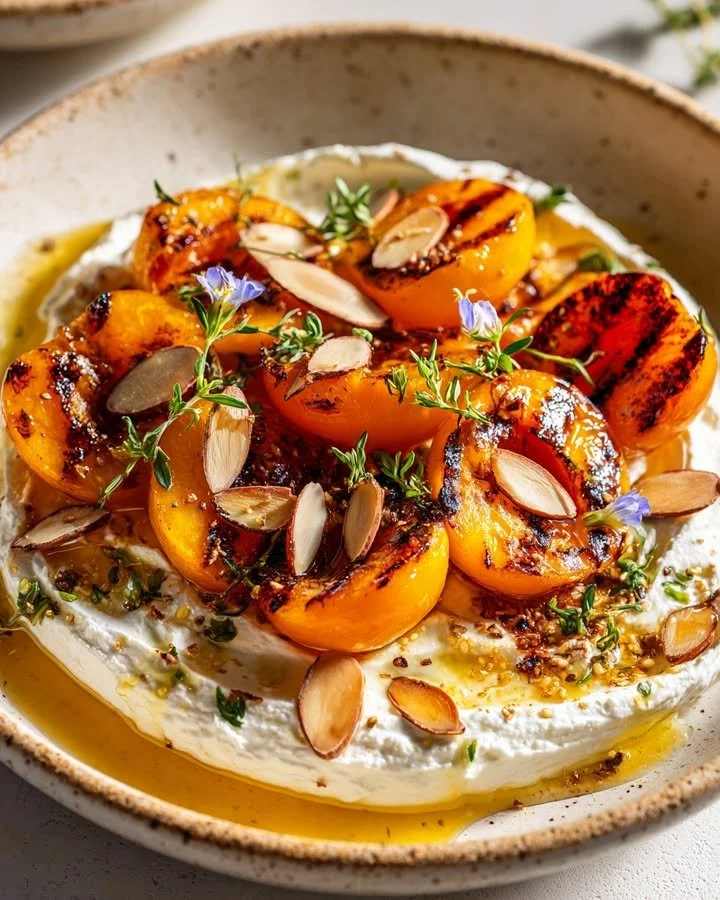 Delicious smoky stone fruit paired with herbed cheese on a wooden board.
