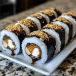 Delicious S'mores Sushi rolls with chocolate, marshmallow, and graham cracker toppings.